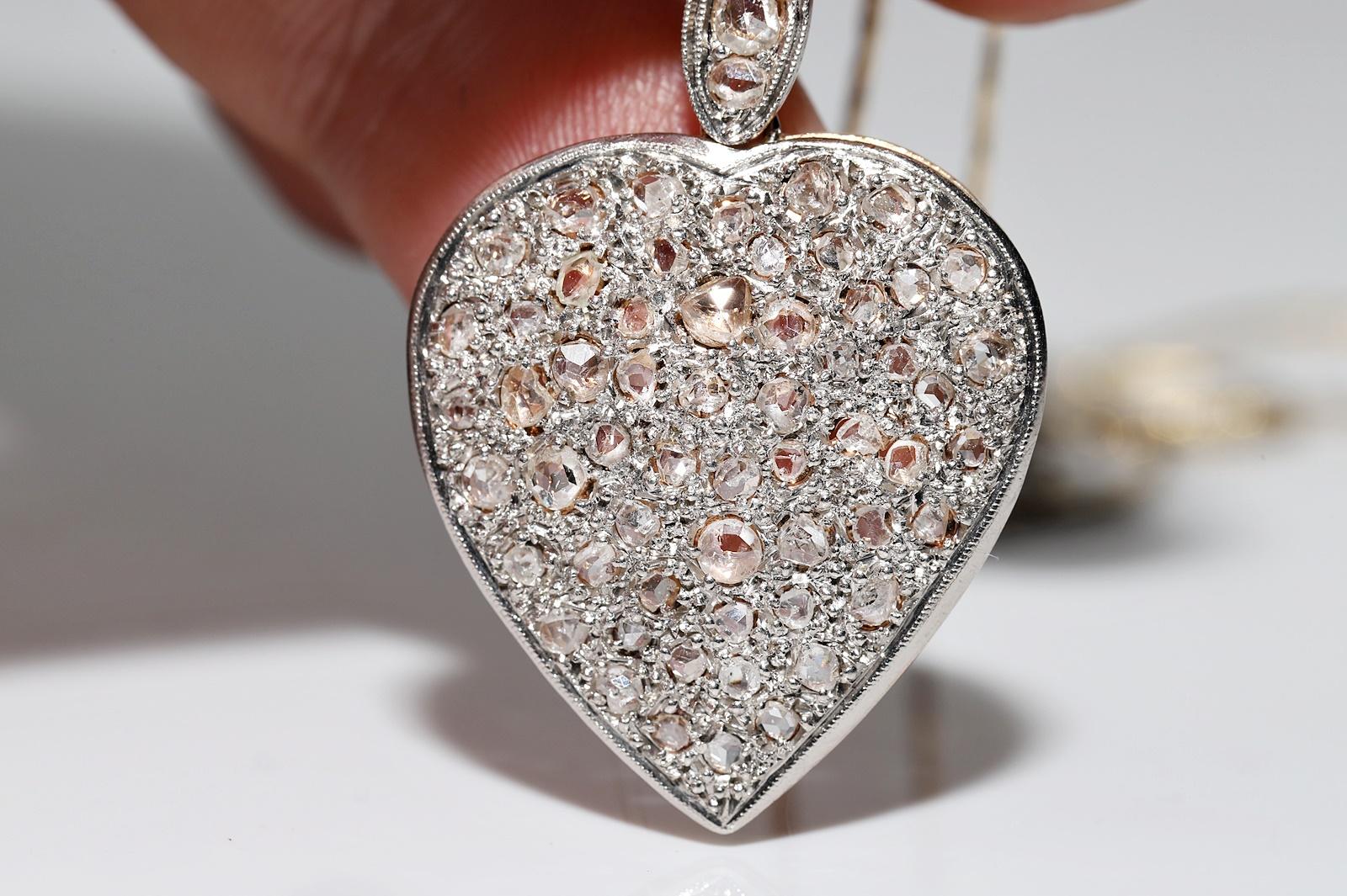 Antique Circa 1900s 14k Gold Natural Rose Cut Diamond Heart Pendant Necklace For Sale 2