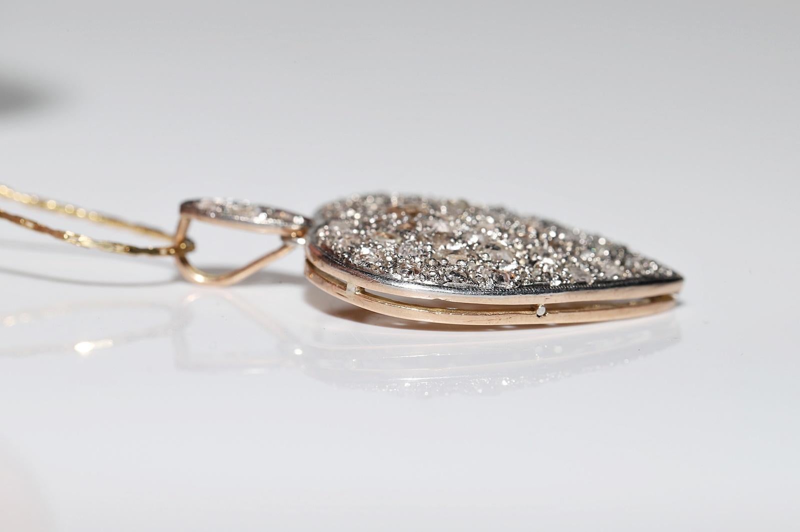 Antique Circa 1900s 14k Gold Natural Rose Cut Diamond Heart Pendant Necklace For Sale 3