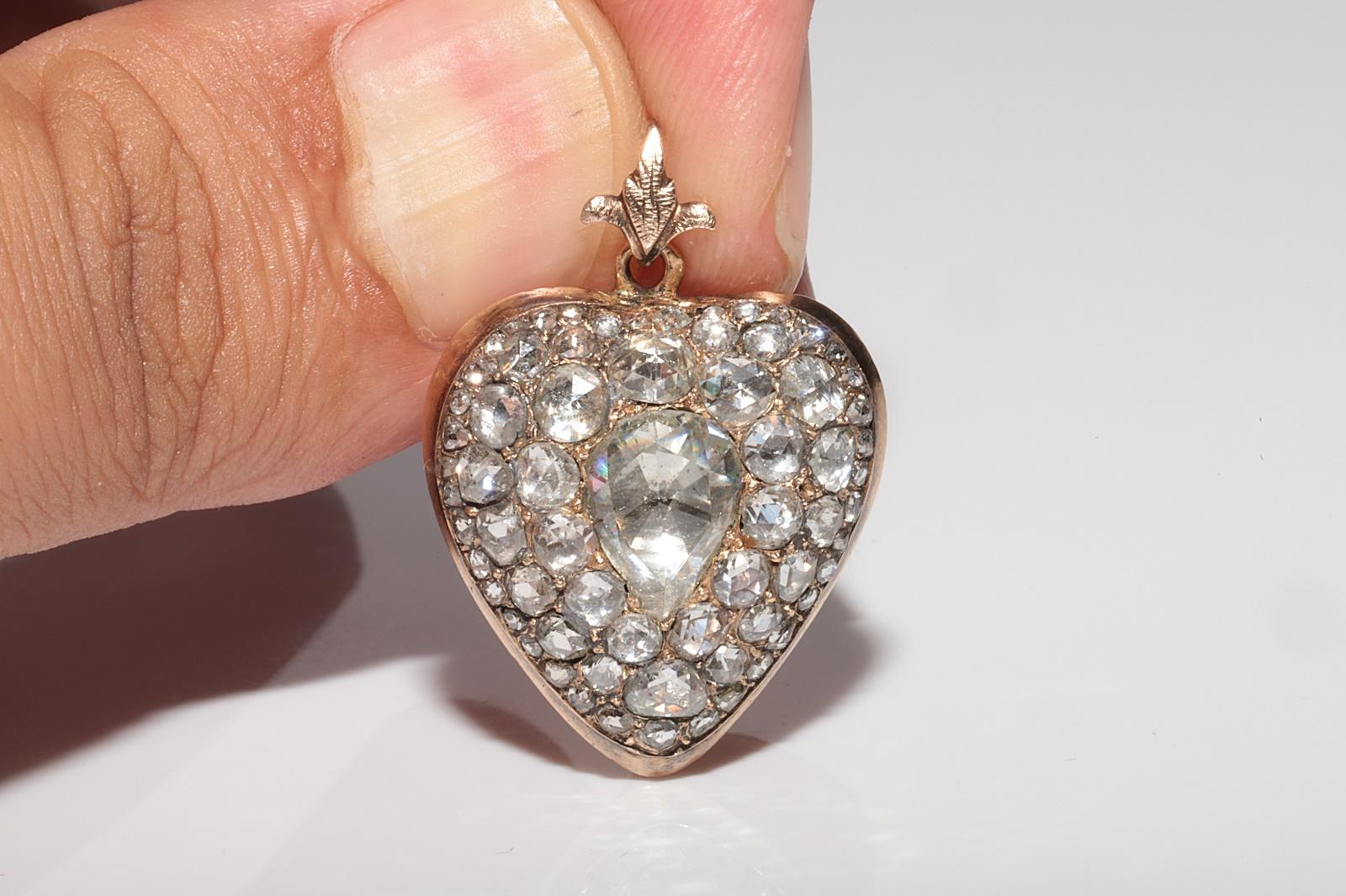 Antique Circa 1900s 14k Gold Natural Rose Cut Diamond Heart Pendant Necklace For Sale 3