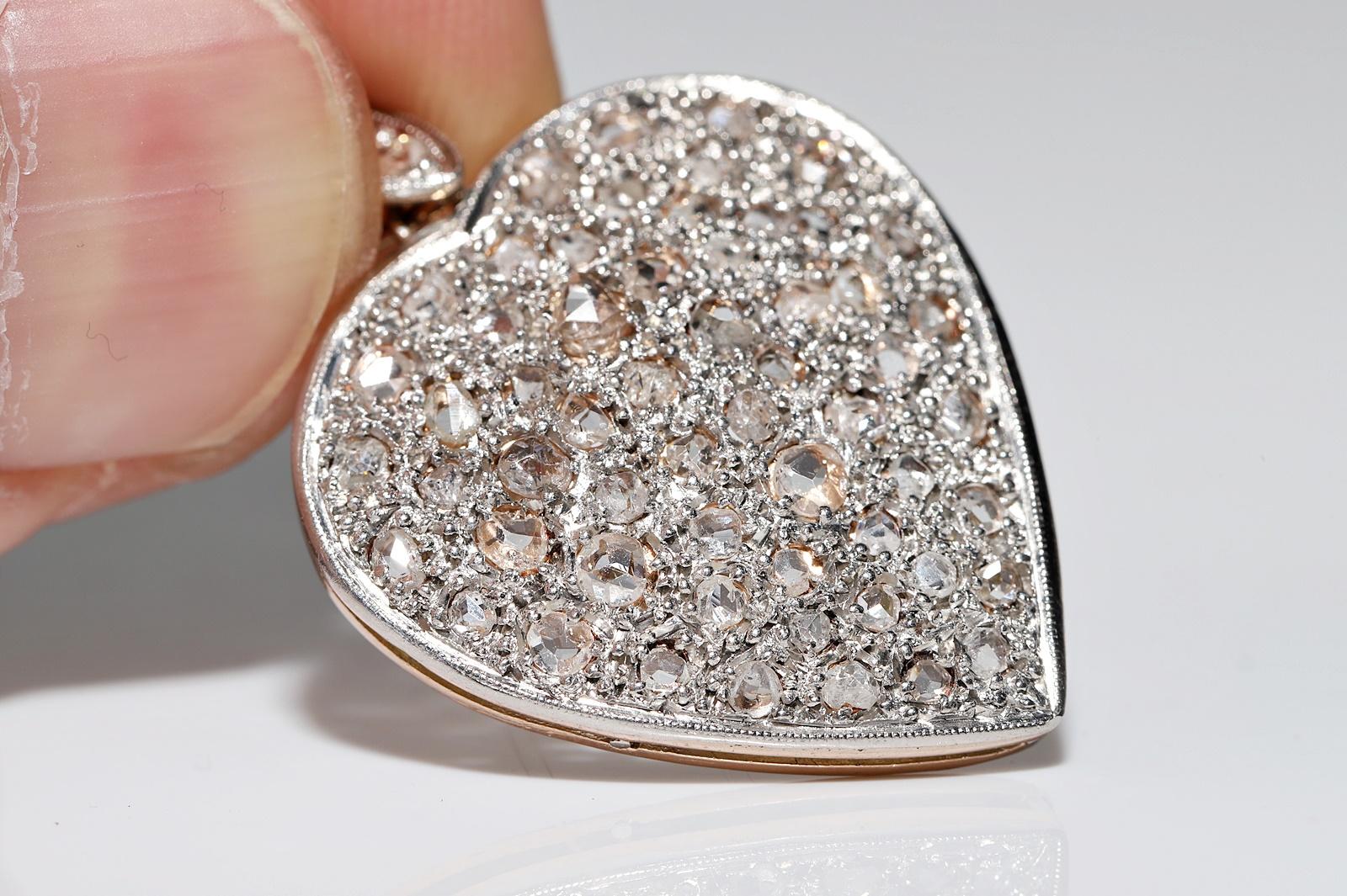 Antique Circa 1900s 14k Gold Natural Rose Cut Diamond Heart Pendant Necklace For Sale 4