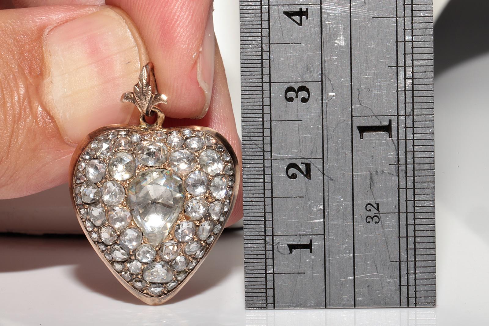 Antique Circa 1900s 14k Gold Natural Rose Cut Diamond Heart Pendant Necklace For Sale 4