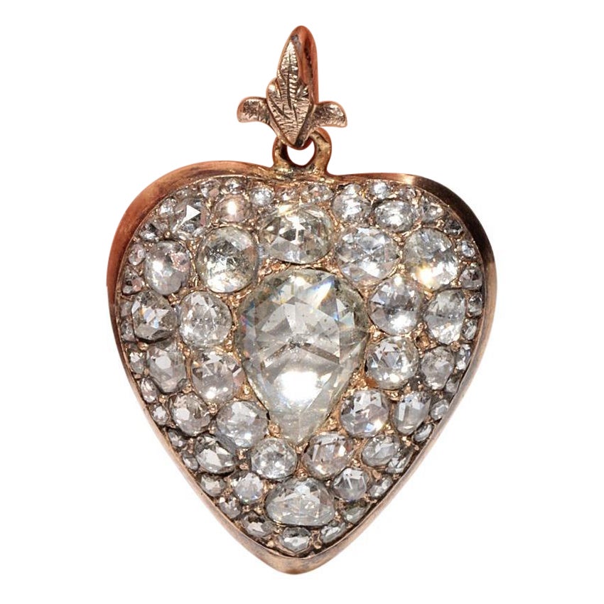 Collana con ciondolo a forma di cuore con diamante taglio rosa naturale in oro 14k, antica CIRCA il 1900