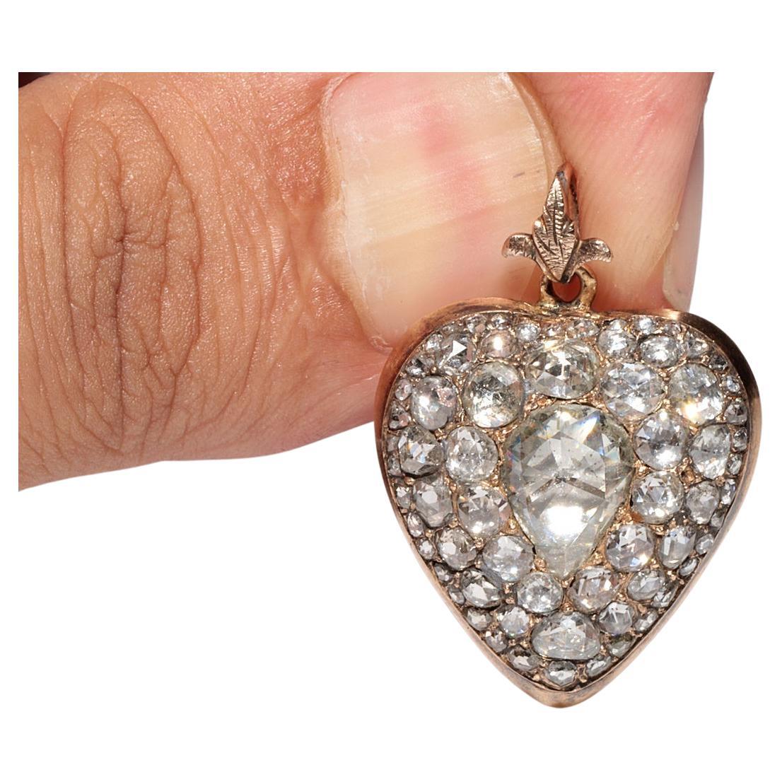 Antiguo Circa 1900s 14k Gold Natural Rose Cut Diamond Heart Pendant Necklace