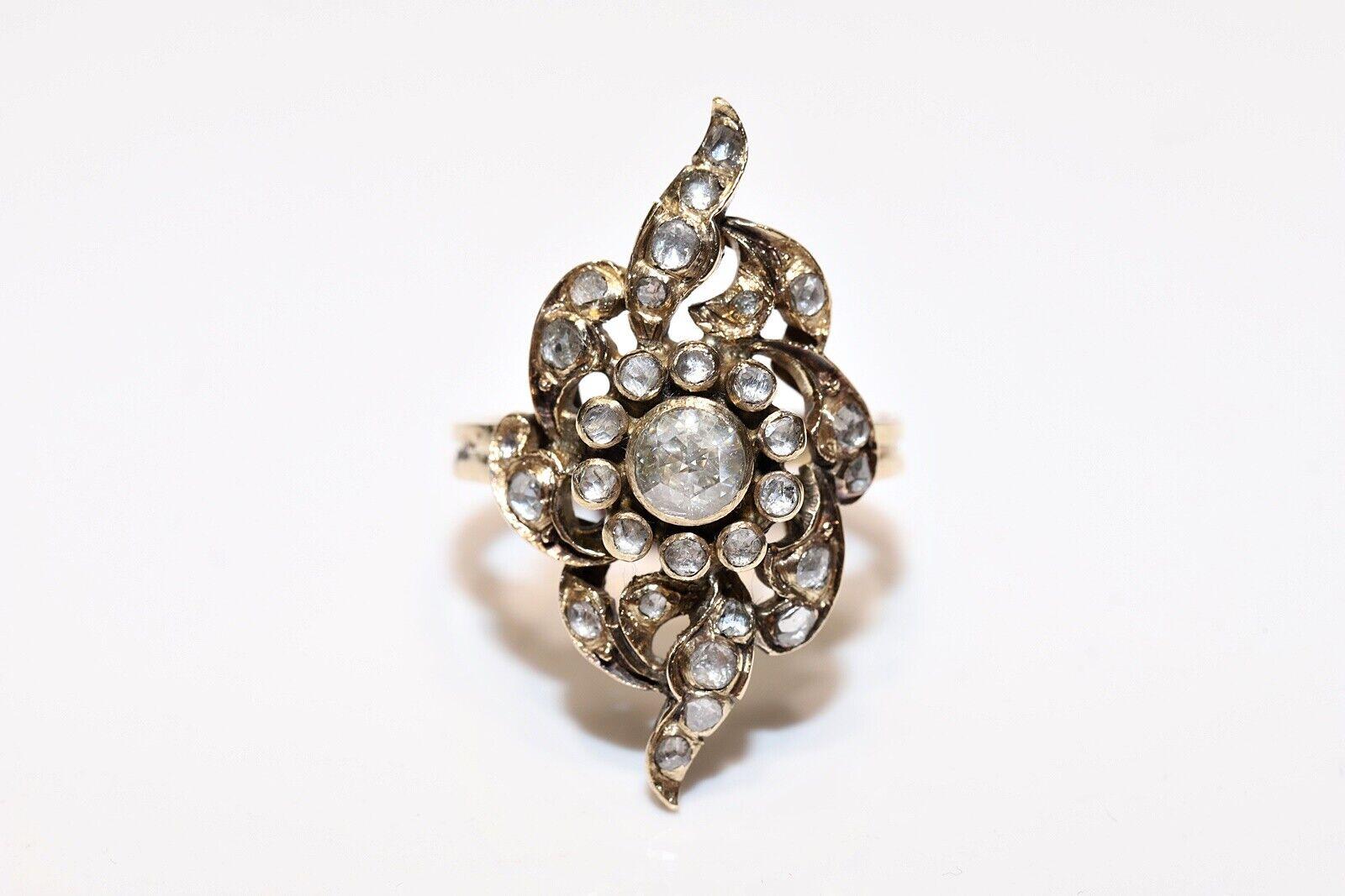 Late Victorian Antique Circa 1900s 14k Gold Natural Rose Cut Diamond Navette Ring  For Sale