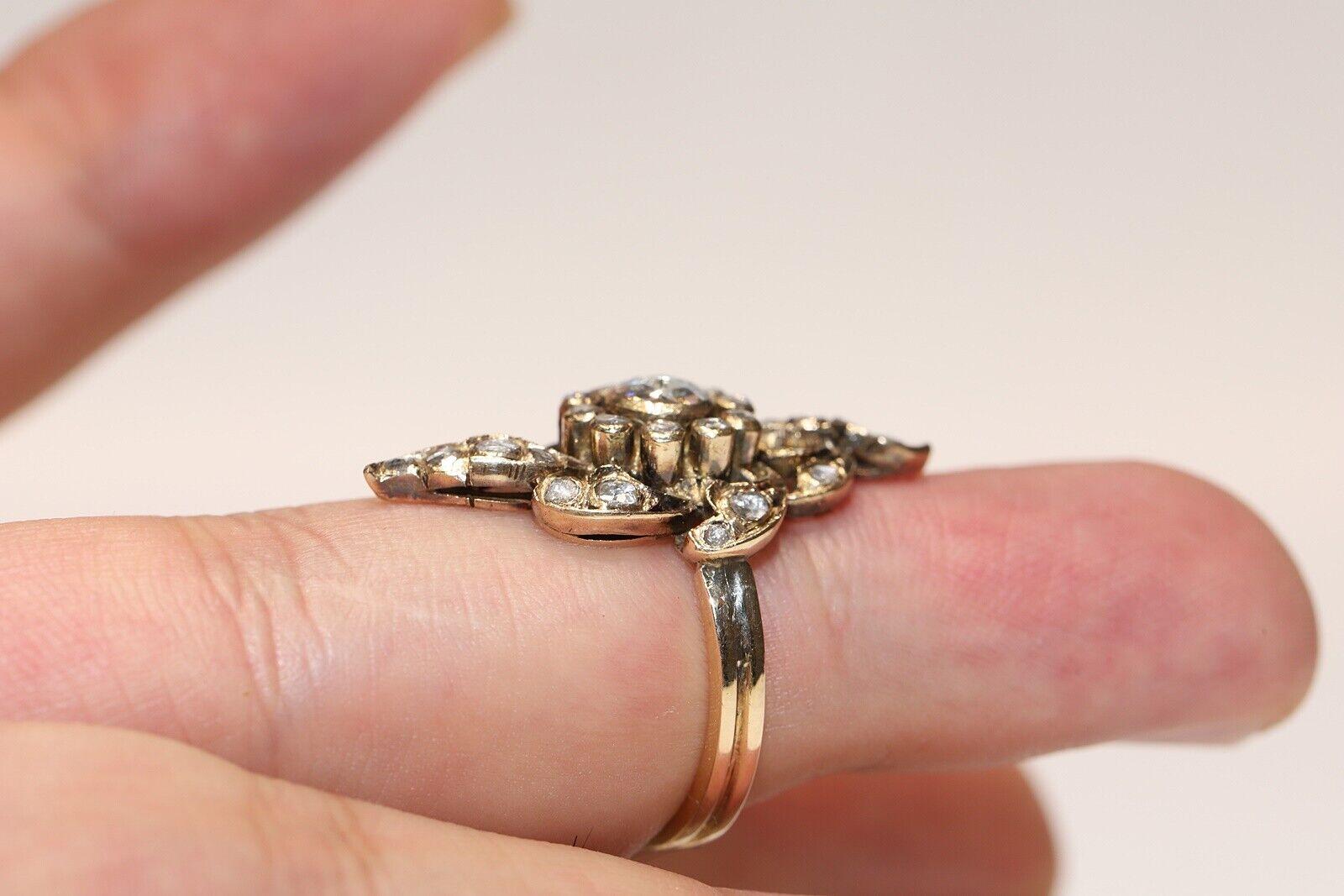 Antique Circa 1900s 14k Gold Natural Rose Cut Diamond Navette Ring  For Sale 3