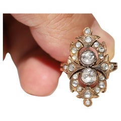 Antique Circa 1900s 14k Gold Natural Rose Cut Diamond Navette Ring