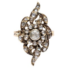 Antique Circa 1900s 14k Gold Natural Rose Cut Diamond Navette Ring 