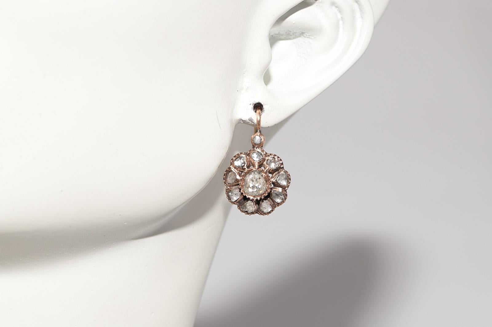 Antique Circa 1900s 14k Gold Natural Rose Cut Diamond Rose Style Earring For Sale 7