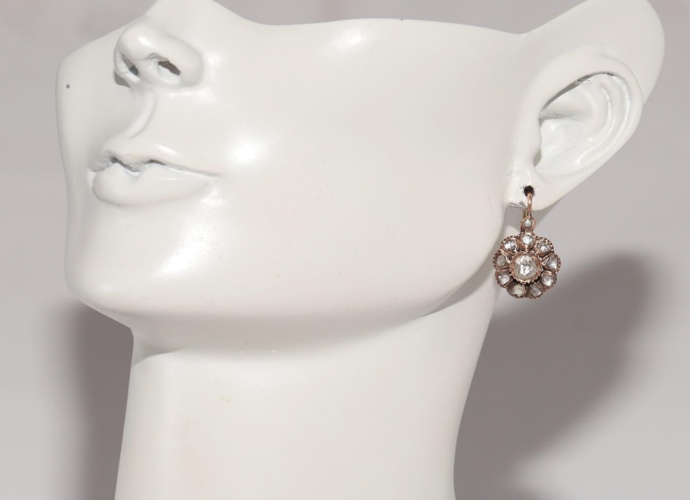 Antique Circa 1900s 14k Gold Natural Rose Cut Diamond Rose Style Earring For Sale 8