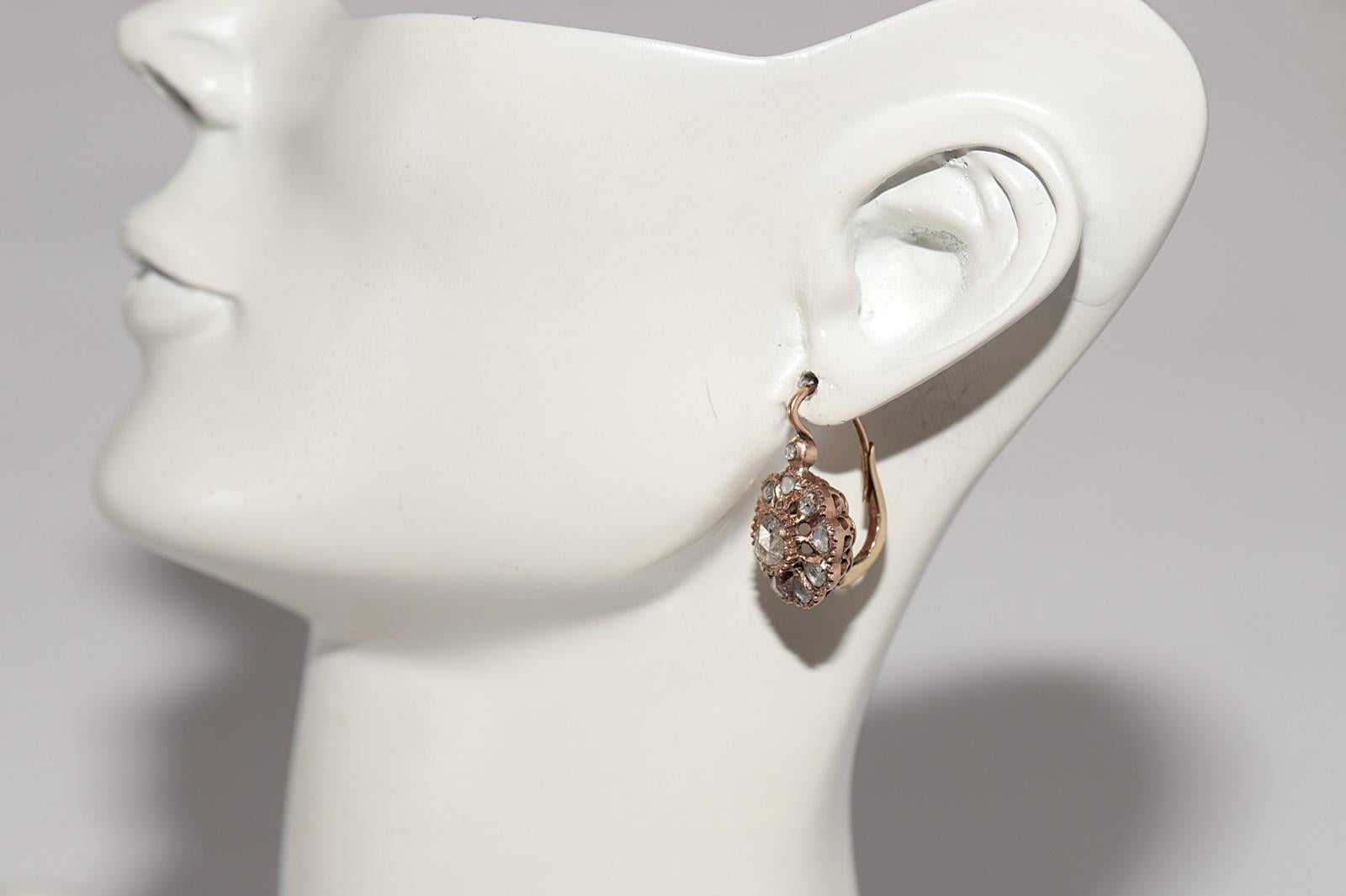 Antique Circa 1900s 14k Gold Natural Rose Cut Diamond Rose Style Earring For Sale 9