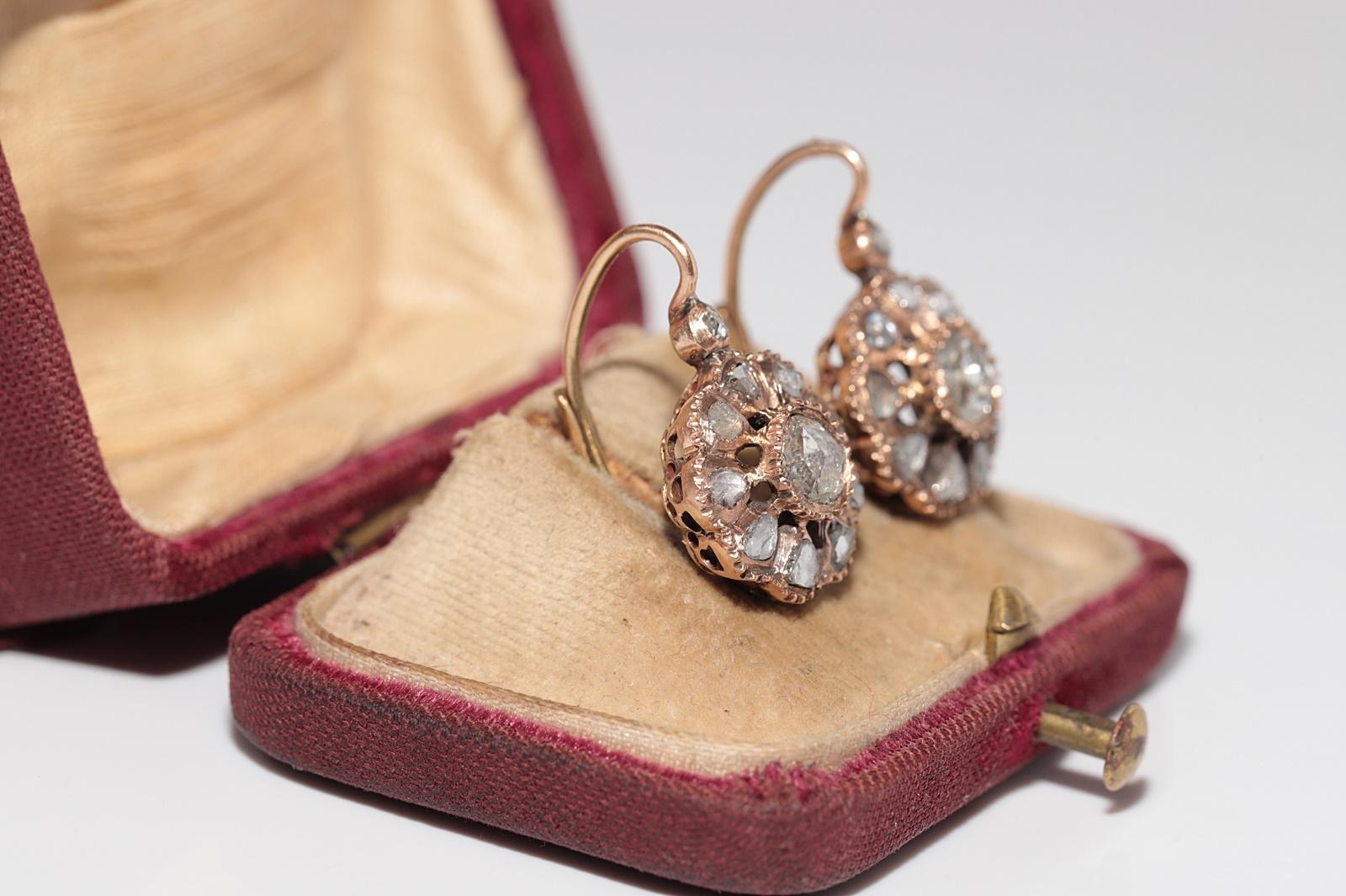 Victorian Antique Circa 1900s 14k Gold Natural Rose Cut Diamond Rose Style Earring For Sale