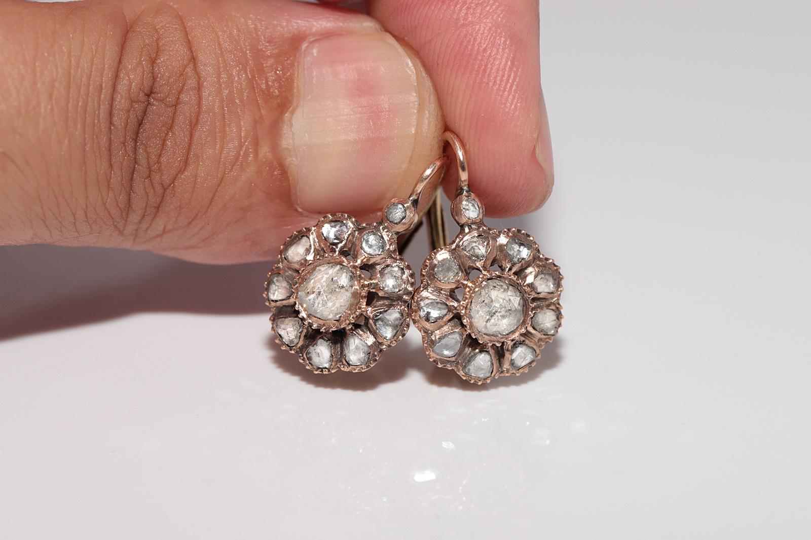 Women's Antique Circa 1900s 14k Gold Natural Rose Cut Diamond Rose Style Earring For Sale