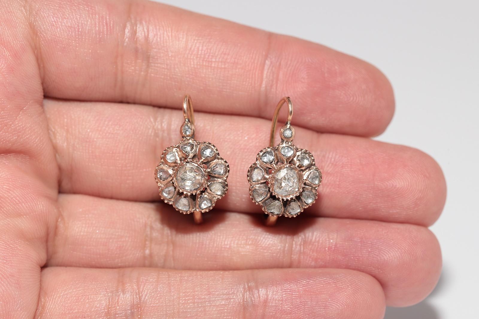 Antique Circa 1900s 14k Gold Natural Rose Cut Diamond Rose Style Earring For Sale 1