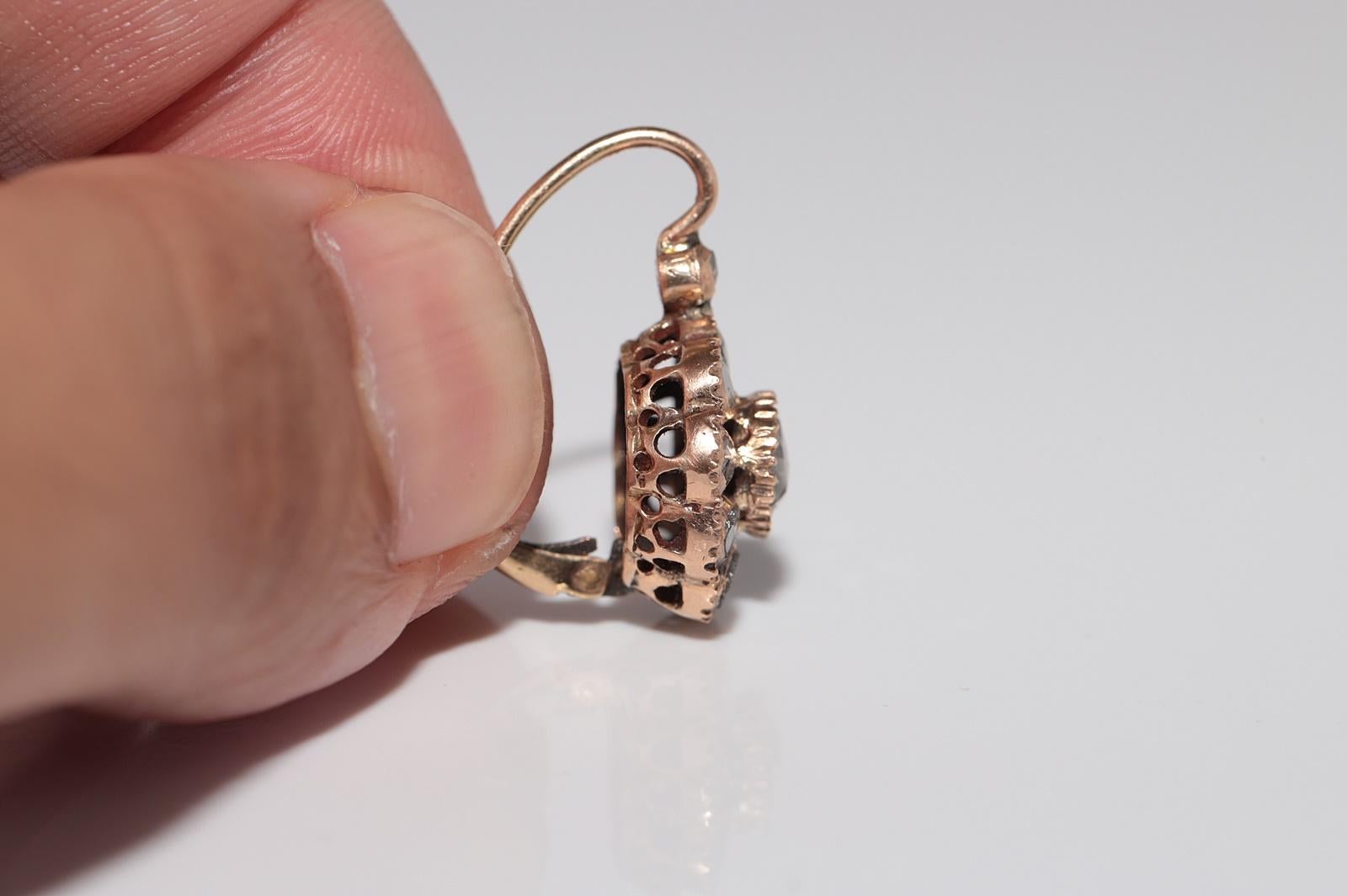 Antique Circa 1900s 14k Gold Natural Rose Cut Diamond Rose Style Earring For Sale 2