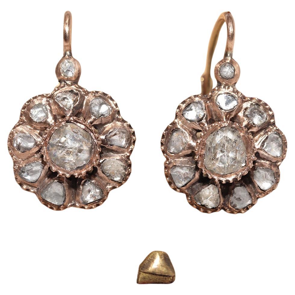 Antique Circa 1900s 14k Gold Natural Rose Cut Diamond Rose Style Earring For Sale