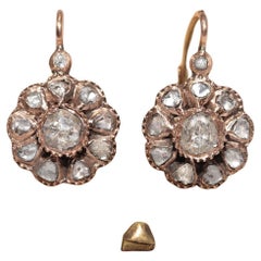 Antique Circa 1900s 14k Gold Natural Rose Cut Diamond Rose Style Earring