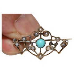 Antique Circa 1900s 14k Gold Natural Turquoise And Pearl Decorated Brooch
