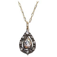 Antique Circa 1900s 14k Gold Ntaural Rose Cut Diamond Drop Necklace