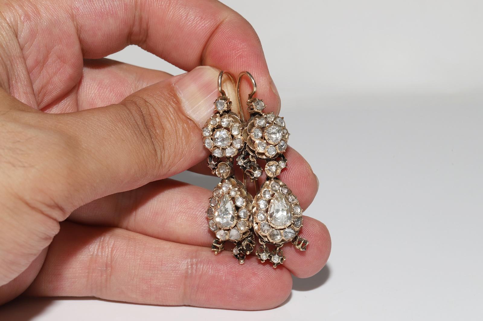 Antique Circa 1900s 14k Gold Ottoman 14k Gold Natural Rose Cut Diamond Earring For Sale 5