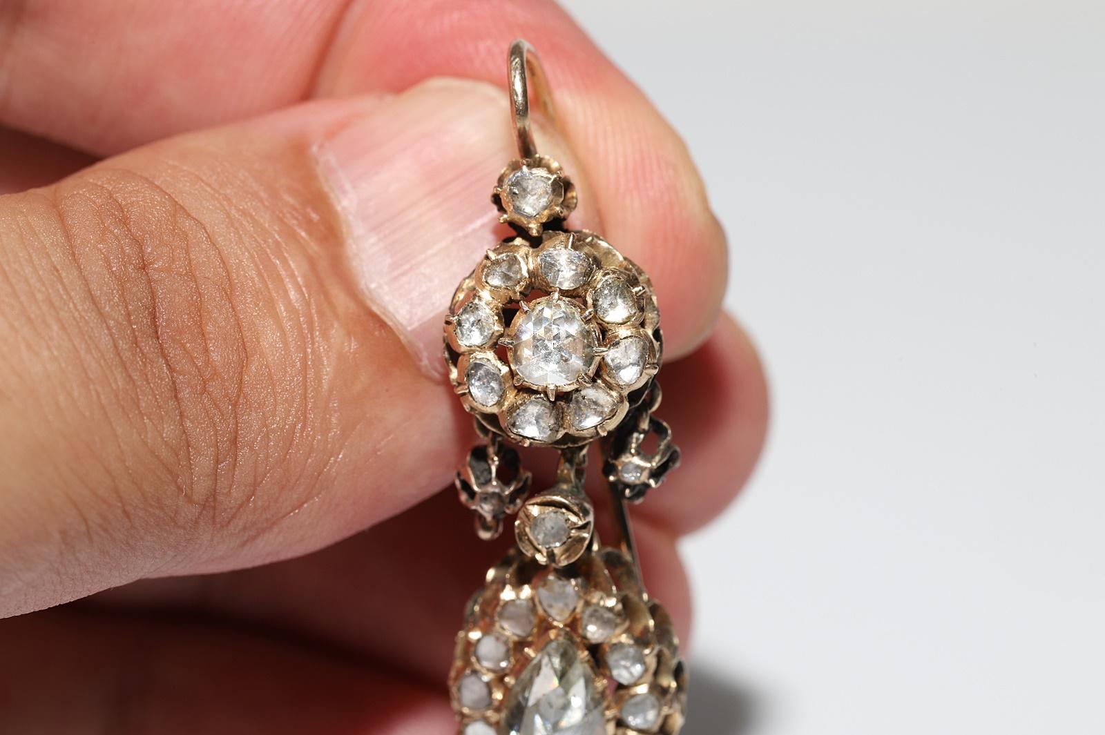 Antique Circa 1900s 14k Gold Ottoman 14k Gold Natural Rose Cut Diamond Earring For Sale 8