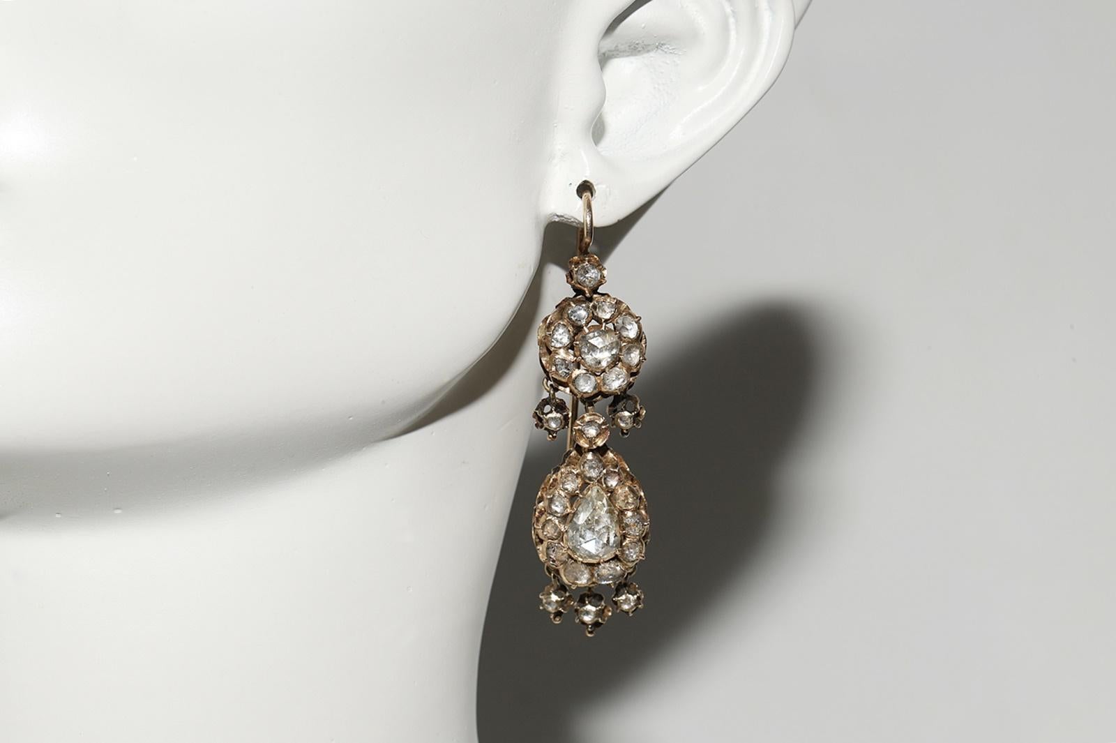 Antique Circa 1900s 14k Gold Ottoman 14k Gold Natural Rose Cut Diamond Earring For Sale 10