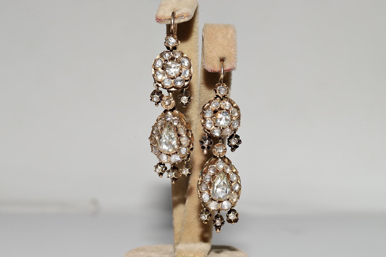 Antique Circa 1900s 14k Gold Ottoman 14k Gold Natural Rose Cut Diamond Earring For Sale 4