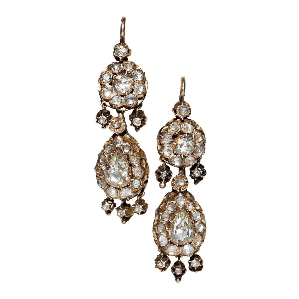 Antique Circa 1900s 14k Gold Ottoman 14k Gold Natural Rose Cut Diamond Earring