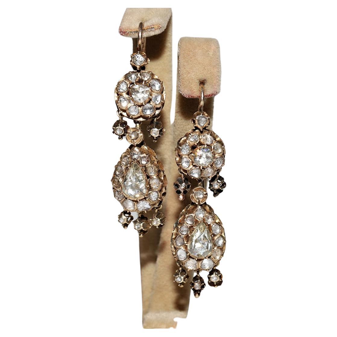 Antique Circa 1900s 14k Gold Ottoman 14k Gold Natural Rose Cut Diamond Earring