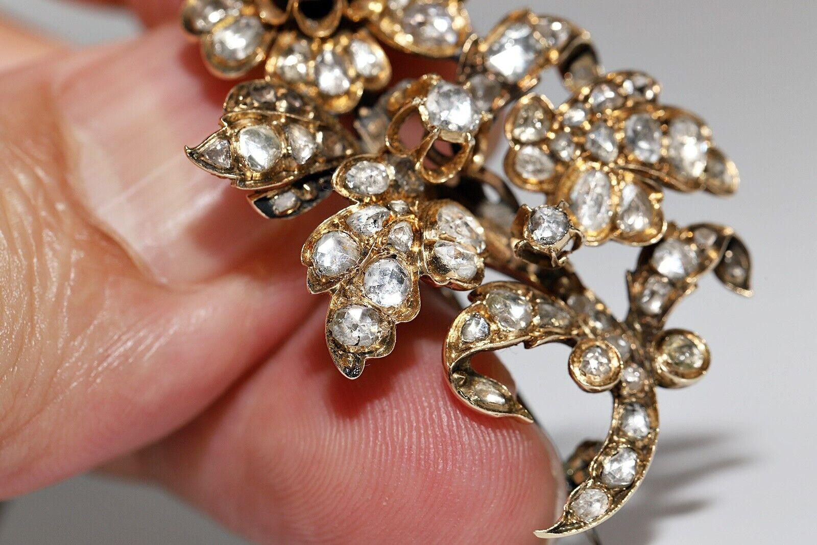 Antique Circa 1900s 14K Gold Ottoman Natural Rose Cut Diamond Flowers Brooch For Sale 5