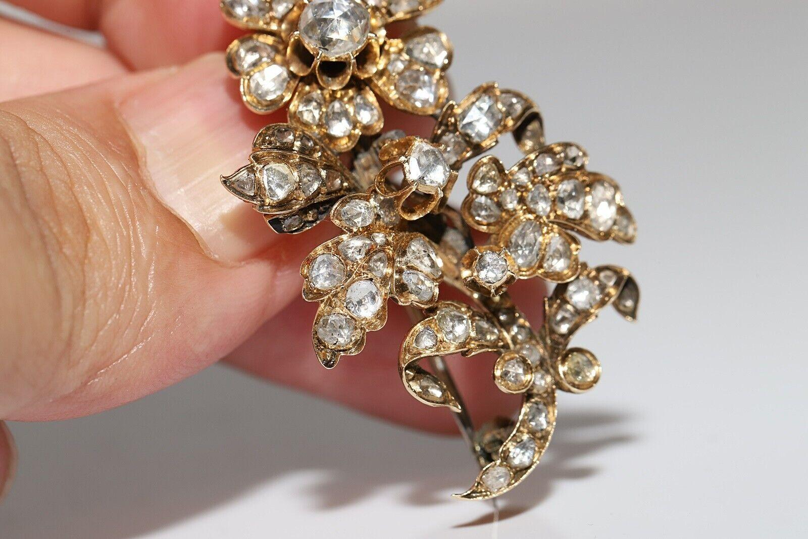 Antique Circa 1900s 14K Gold Ottoman Natural Rose Cut Diamond Flowers Brooch For Sale 6
