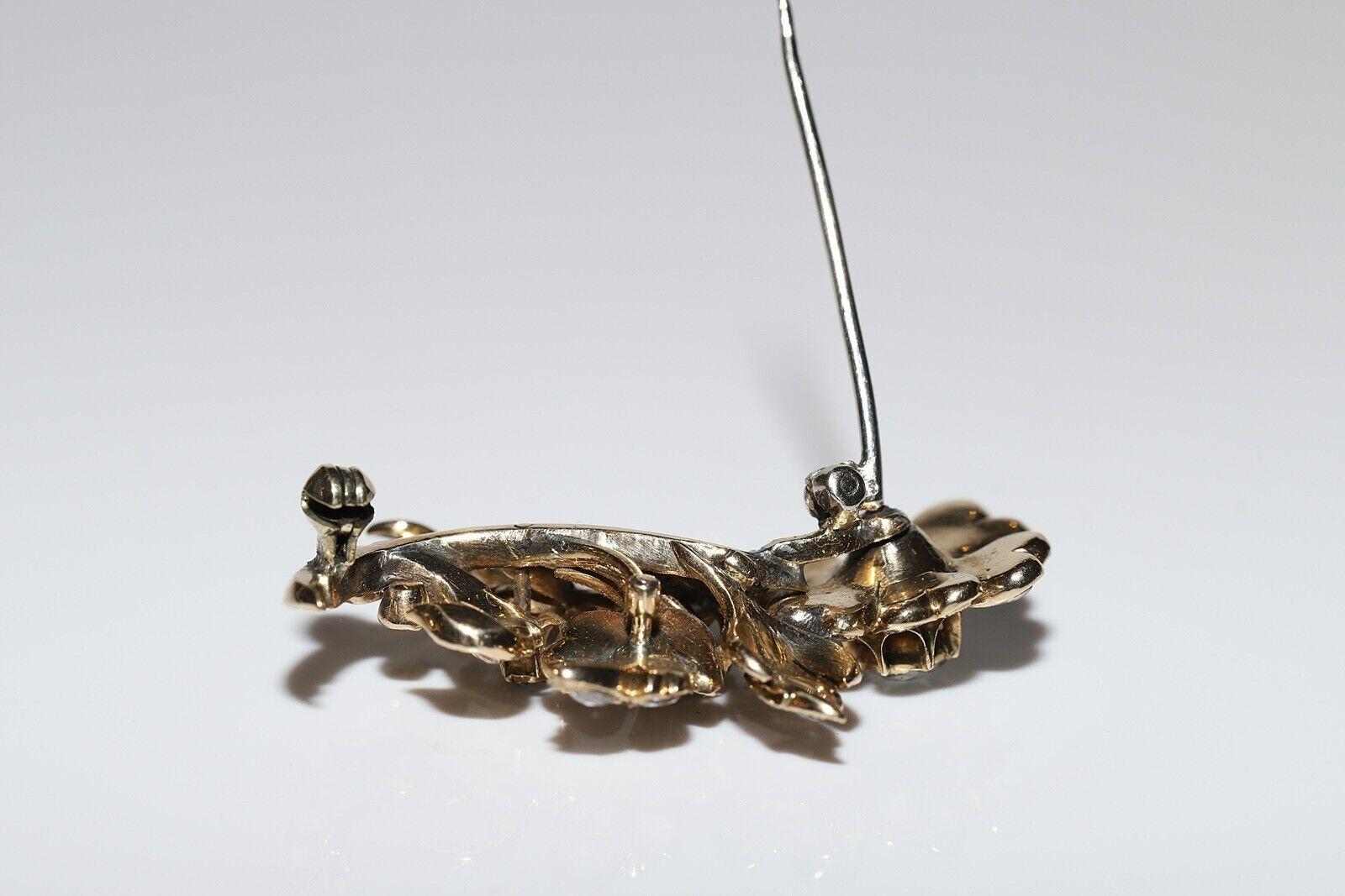 Antique Circa 1900s 14K Gold Ottoman Natural Rose Cut Diamond Flowers Brooch For Sale 7