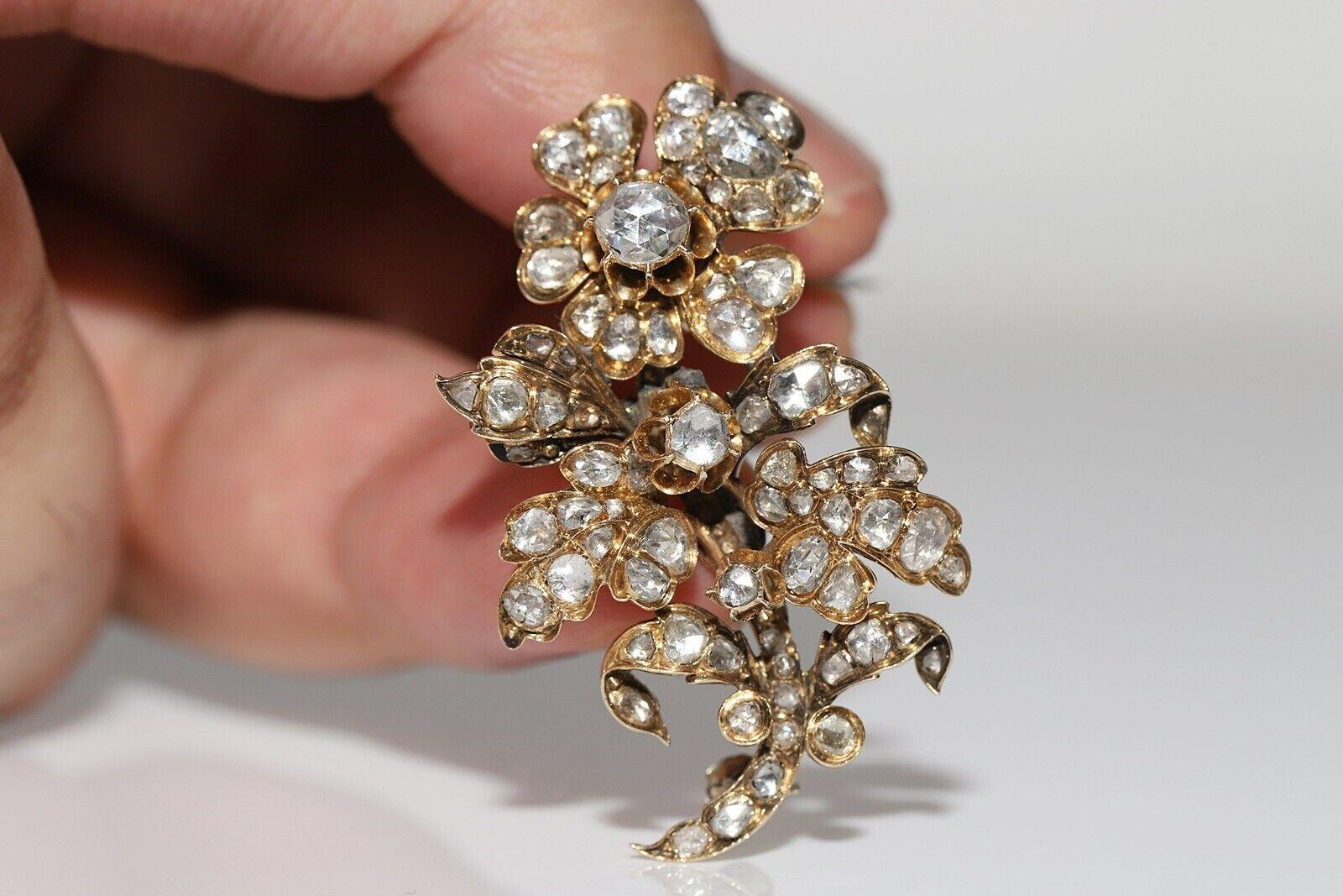 Victorian Antique Circa 1900s 14K Gold Ottoman Natural Rose Cut Diamond Flowers Brooch For Sale