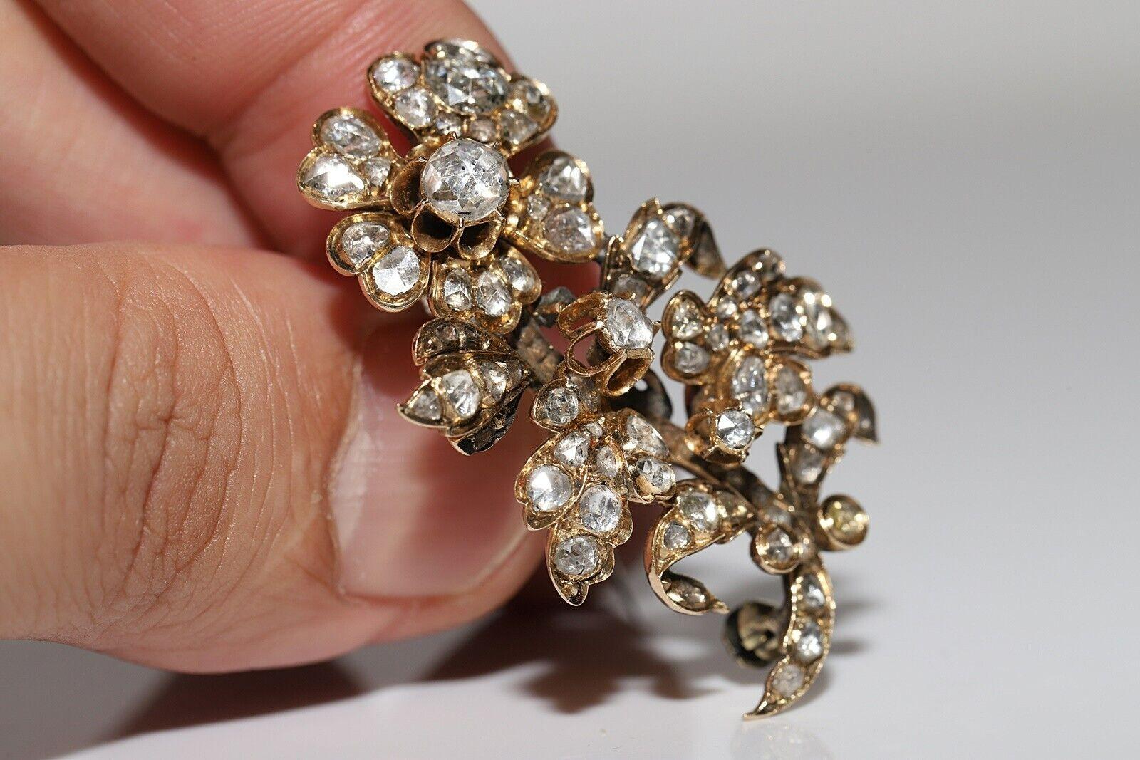 Antique Circa 1900s 14K Gold Ottoman Natural Rose Cut Diamond Flowers Brooch In Good Condition For Sale In Fatih/İstanbul, 34