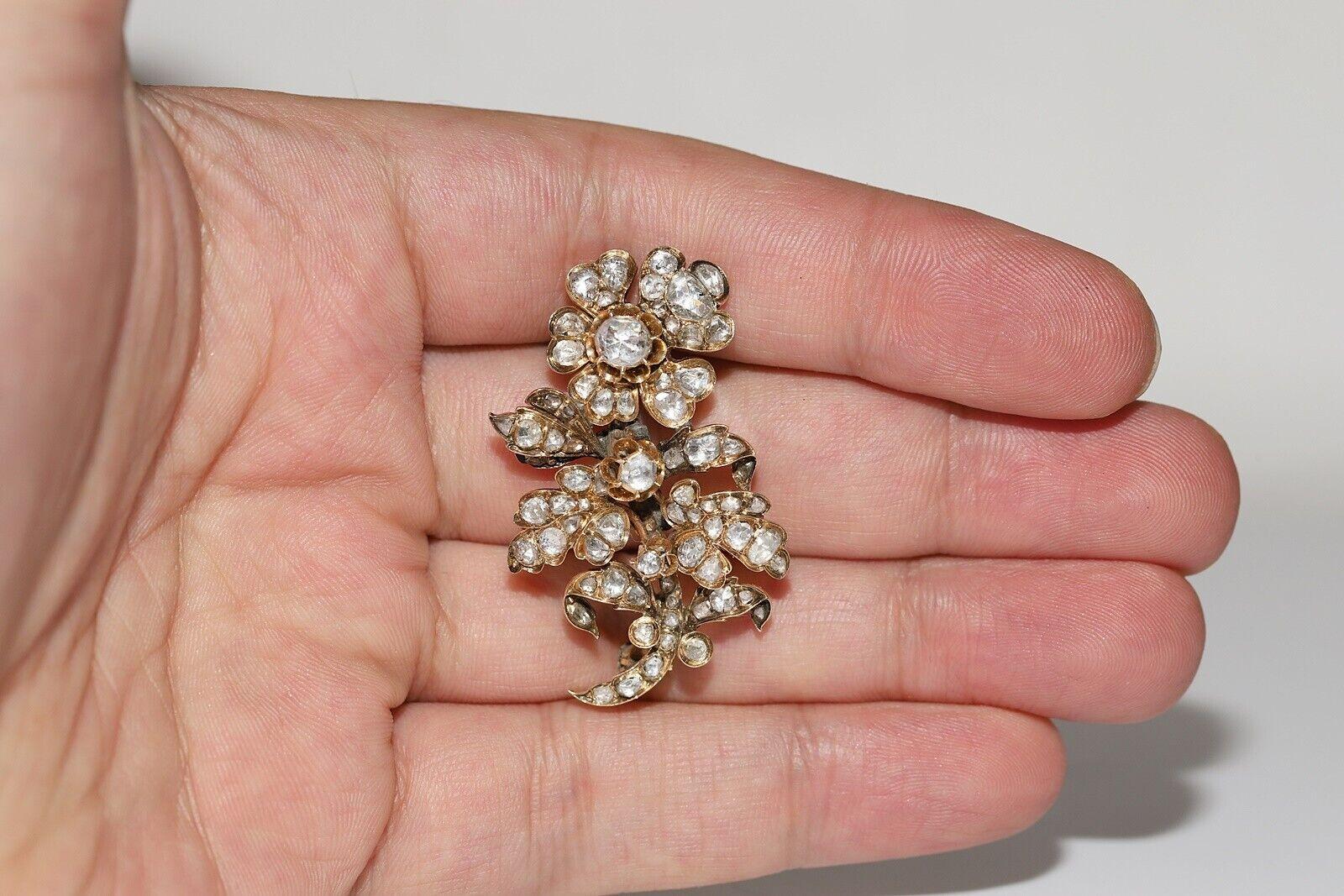 Antique Circa 1900s 14K Gold Ottoman Natural Rose Cut Diamond Flowers Brooch For Sale 1