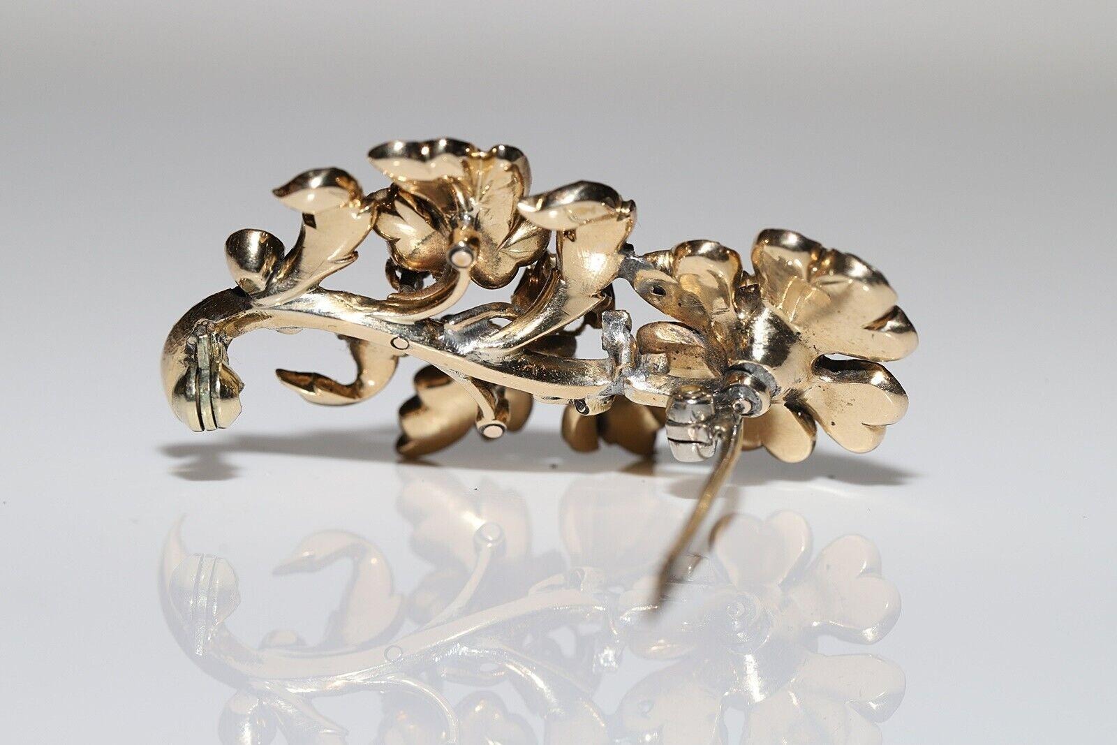 Antique Circa 1900s 14K Gold Ottoman Natural Rose Cut Diamond Flowers Brooch For Sale 2