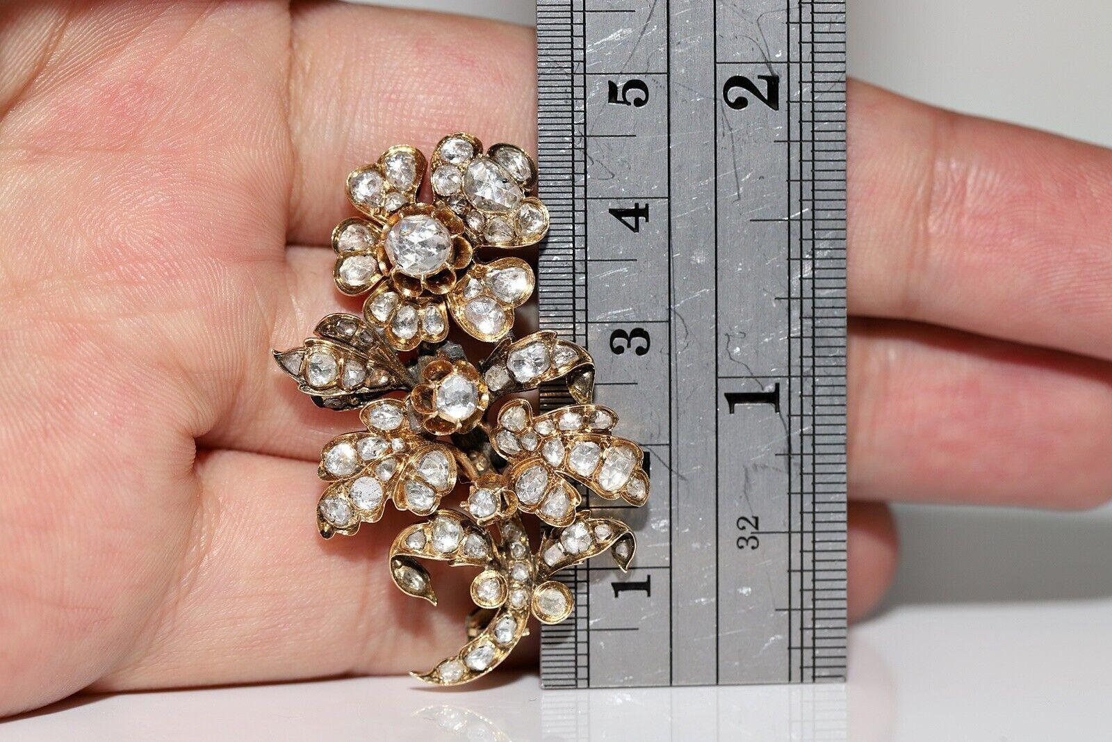 Antique Circa 1900s 14K Gold Ottoman Natural Rose Cut Diamond Flowers Brooch For Sale 3