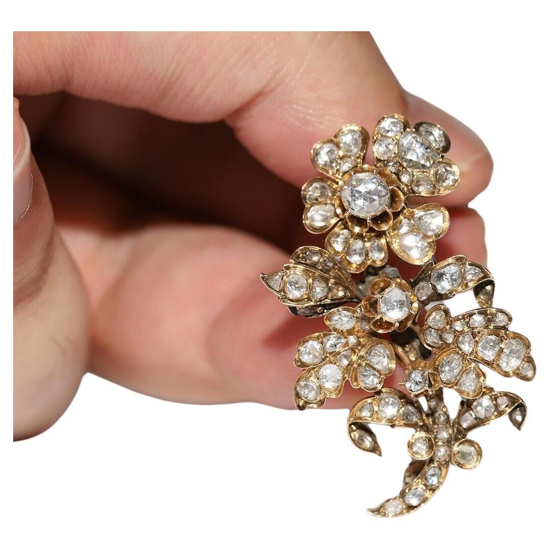 Antique Circa 1900s 14K Gold Ottoman Natural Rose Cut Diamond Flowers Brooch