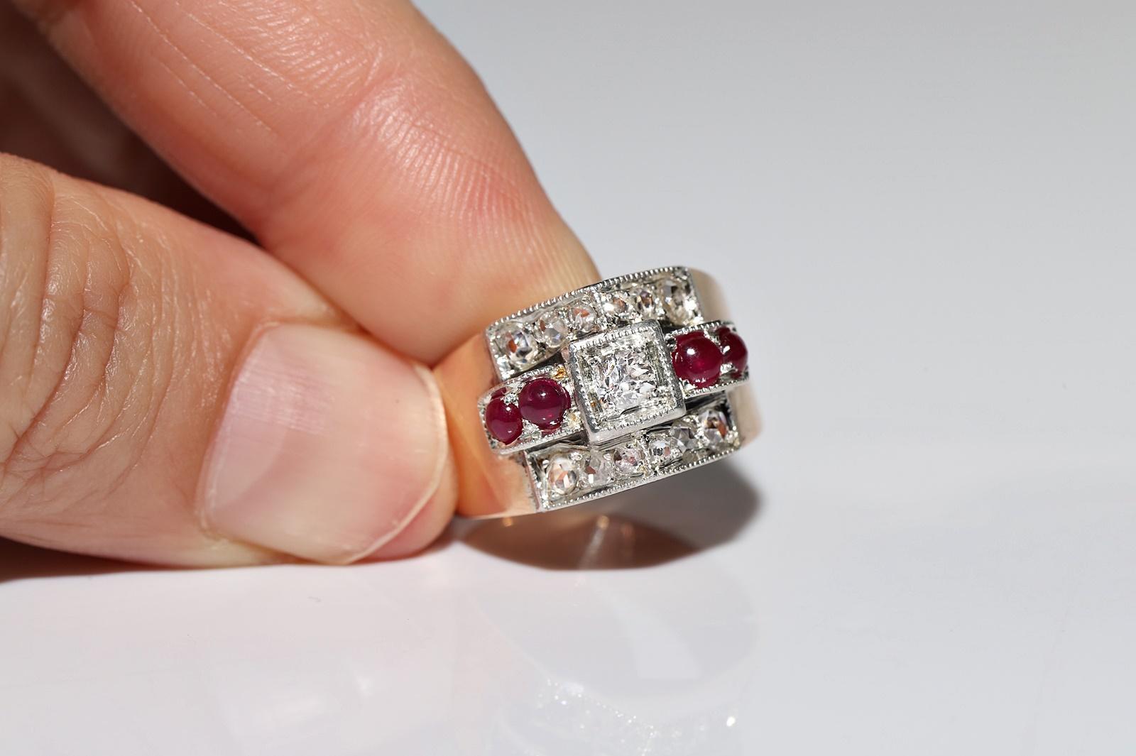 Antique Circa 1900s 14k Gold Top Silver Natural Diamond And Cabochon Ruby Ring For Sale 5