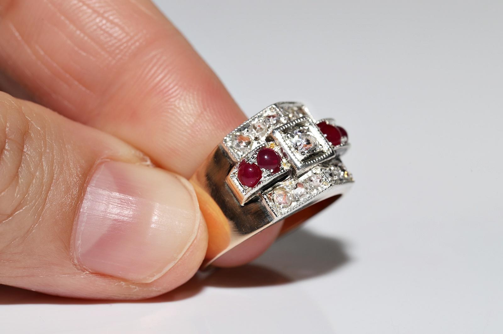 Anello antico CIRCA 1900 in oro 14k e argento con diamanti naturali e rubini cabochon in vendita 6