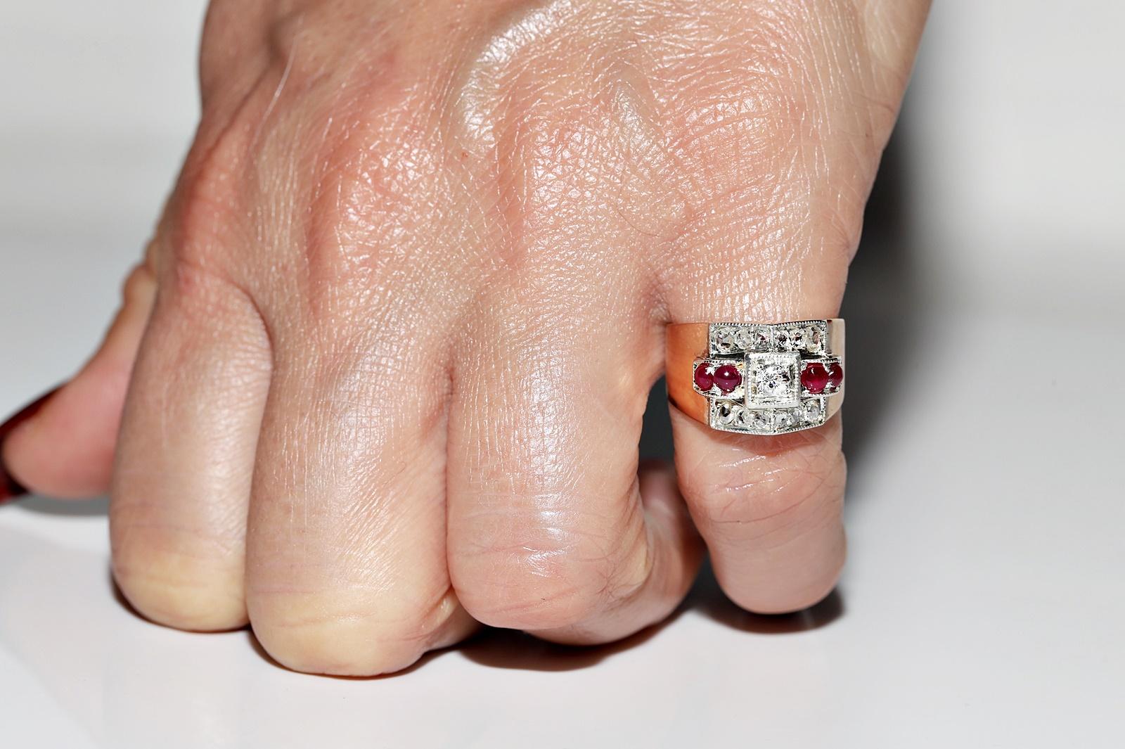 Anello antico CIRCA 1900 in oro 14k e argento con diamanti naturali e rubini cabochon in vendita 8