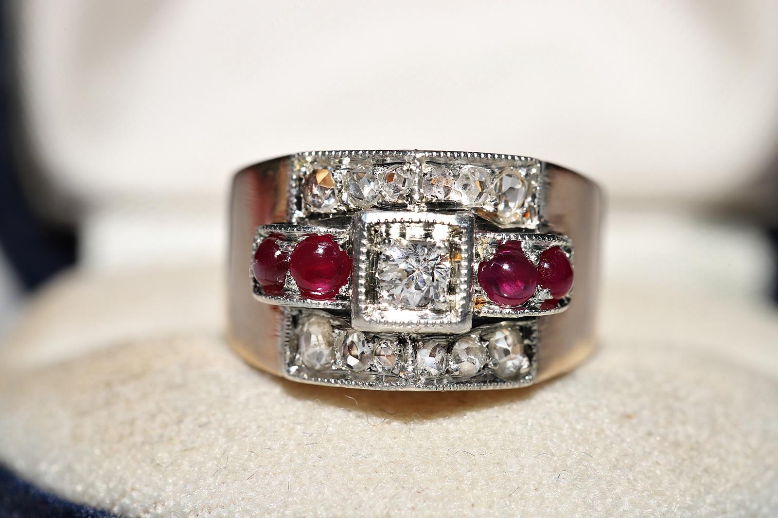 In very good condition.
Total weight is 5.4 grams.
Totally is brilliant cut diamond 0.16 ct.
Total weight is rose cut diamond 0.55 ct.
The diamond is has H color and vs-s1-s2 clarity.
Totally is ruby 0.44 ct.
Ring size is US 5.3 (We can make any