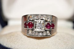 Antique Circa 1900s 14k Gold Top Silver Natural Diamond And Cabochon Ruby Ring