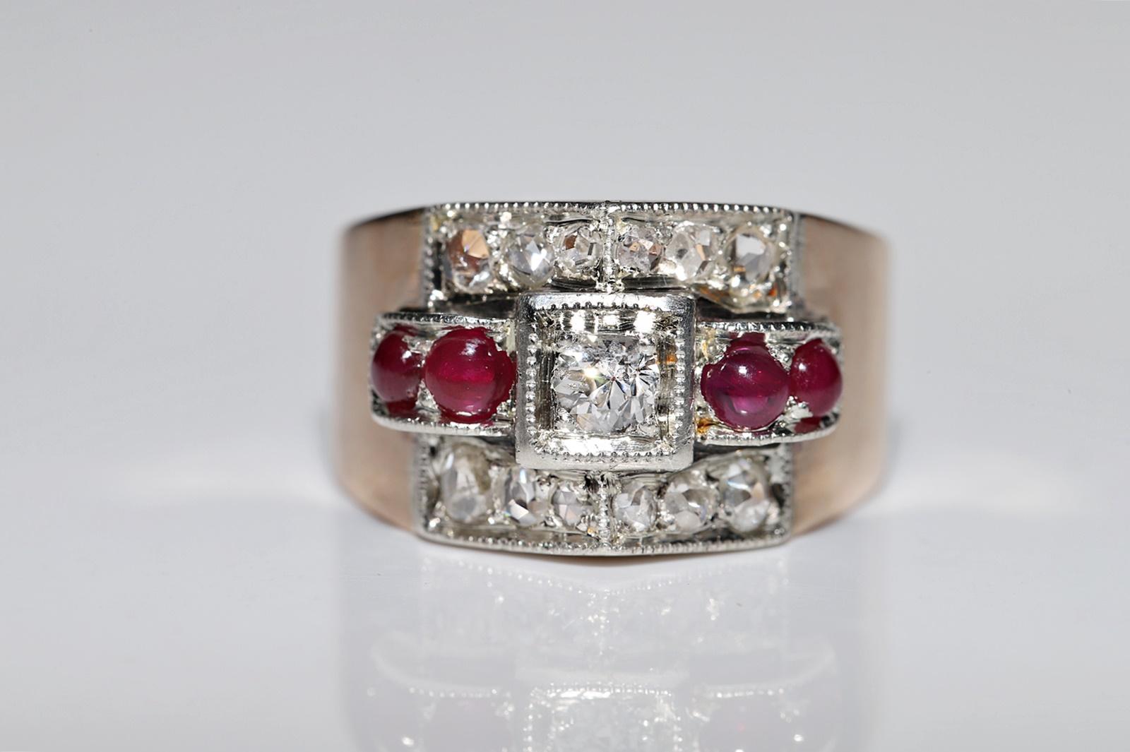 Victorian Antique Circa 1900s 14k Gold Top Silver Natural Diamond And Cabochon Ruby Ring For Sale