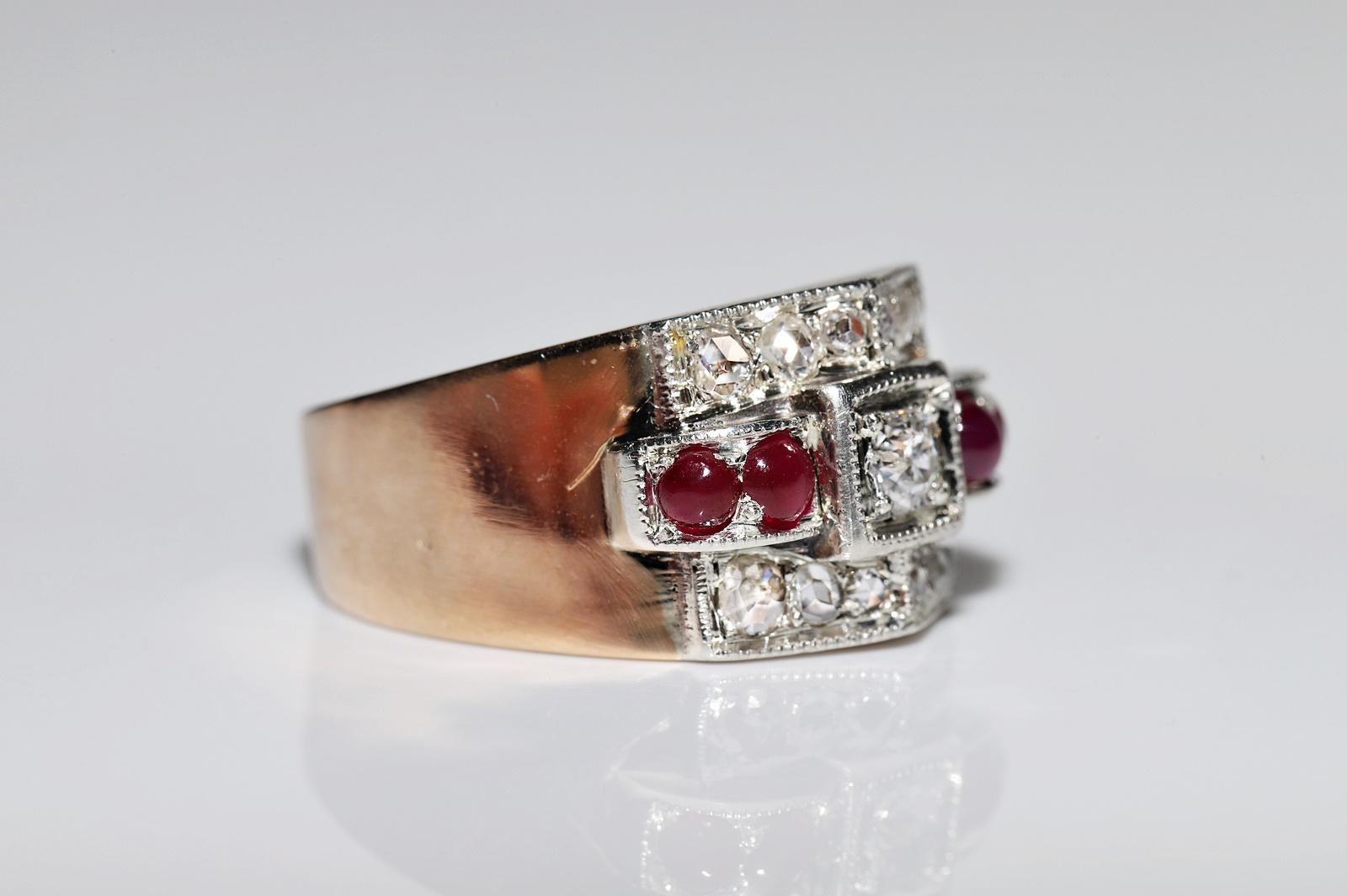 Rose Cut Antique Circa 1900s 14k Gold Top Silver Natural Diamond And Cabochon Ruby Ring For Sale