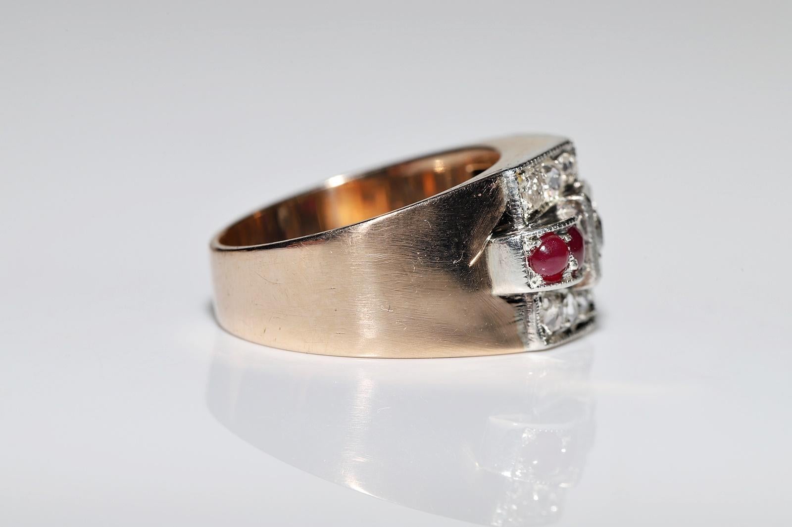 Antique Circa 1900s 14k Gold Top Silver Natural Diamond And Cabochon Ruby Ring In Good Condition For Sale In Fatih/İstanbul, 34