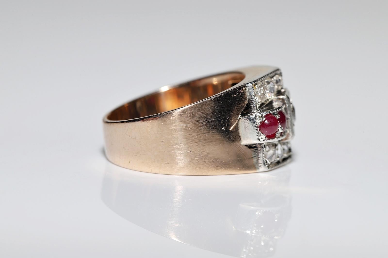 Bague ancienne datant des années 1900, or 14 carats, argent, diamant naturel et rubis cabochon Bon état - En vente à Fatih/İstanbul, 34