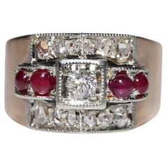 Antiker Ring, um 1900, 14 Karat Gold, Platin, Silber, natürlicher Diamant und Cabochon-Rubin