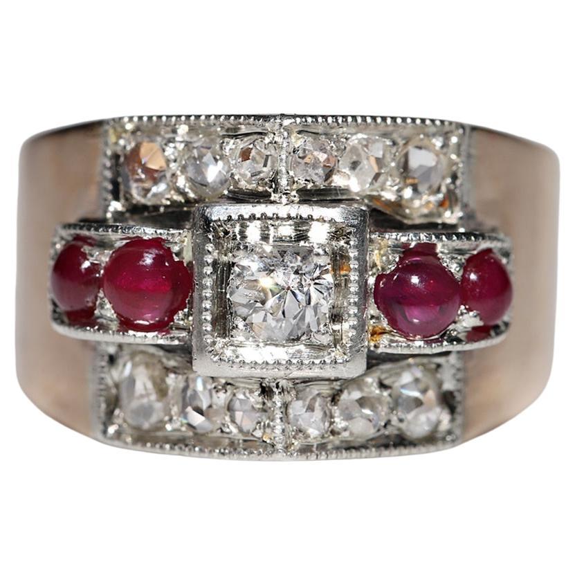 Bague ancienne datant des années 1900, or 14 carats, argent, diamant naturel et rubis cabochon en vente