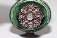 Antique Circa 1900s 14k Gold Top Silver Natural Diamond And Caliber Ruby Ring
