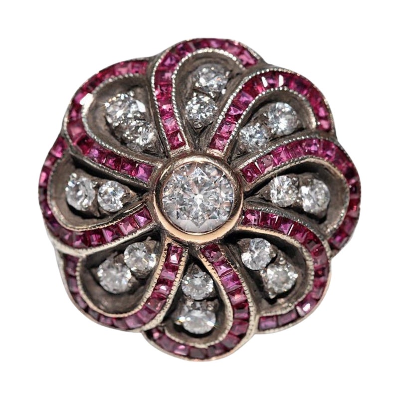 Bague ancienne datant des années 1900, or 14 carats, argent, diamant naturel et rubis calibré